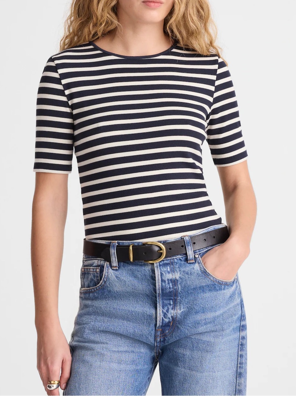 NWOT Madewell The 9-9 Tee in Dark Navy/White LuxeRib